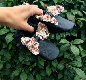 Black Vegan Leather Moccs with Rose Gold Bow