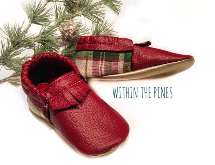 Red Leather Fringe with Plaid Heel Moccasins